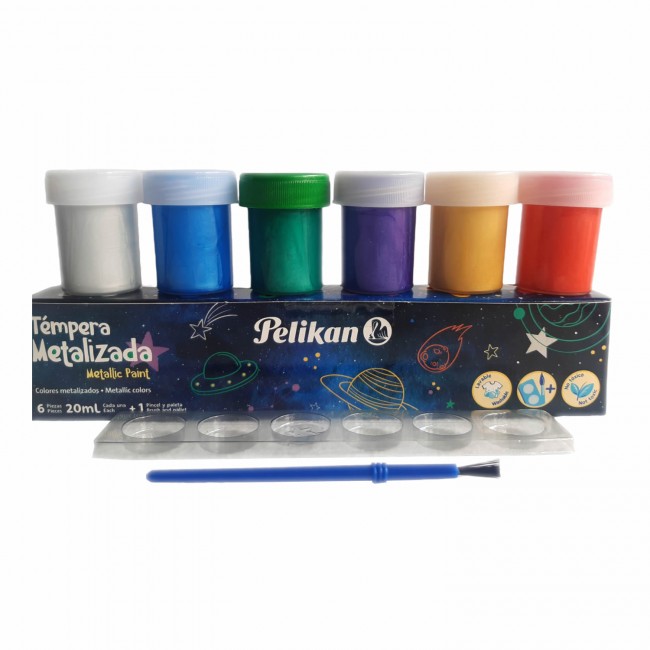 TEMPERA PELIKAN METAL x 6u. (+PINCEL+PALETA)